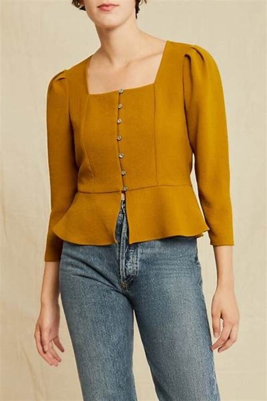 Amour Vert Nadja Mustard Yellow Square Neck Button Front Cropped Peplum Top M